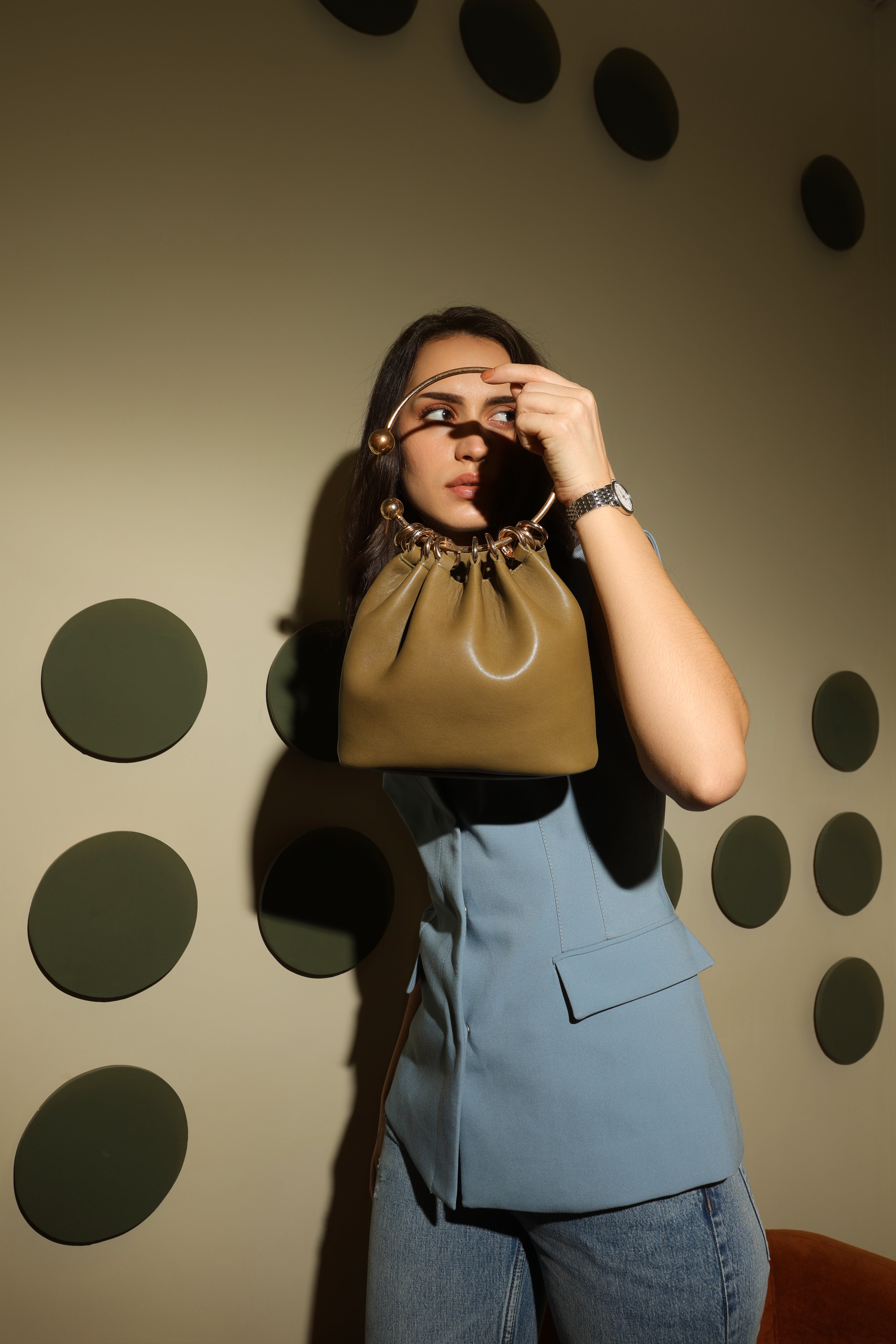Halo Shoulder Bag with Ring Handle - Olive Green