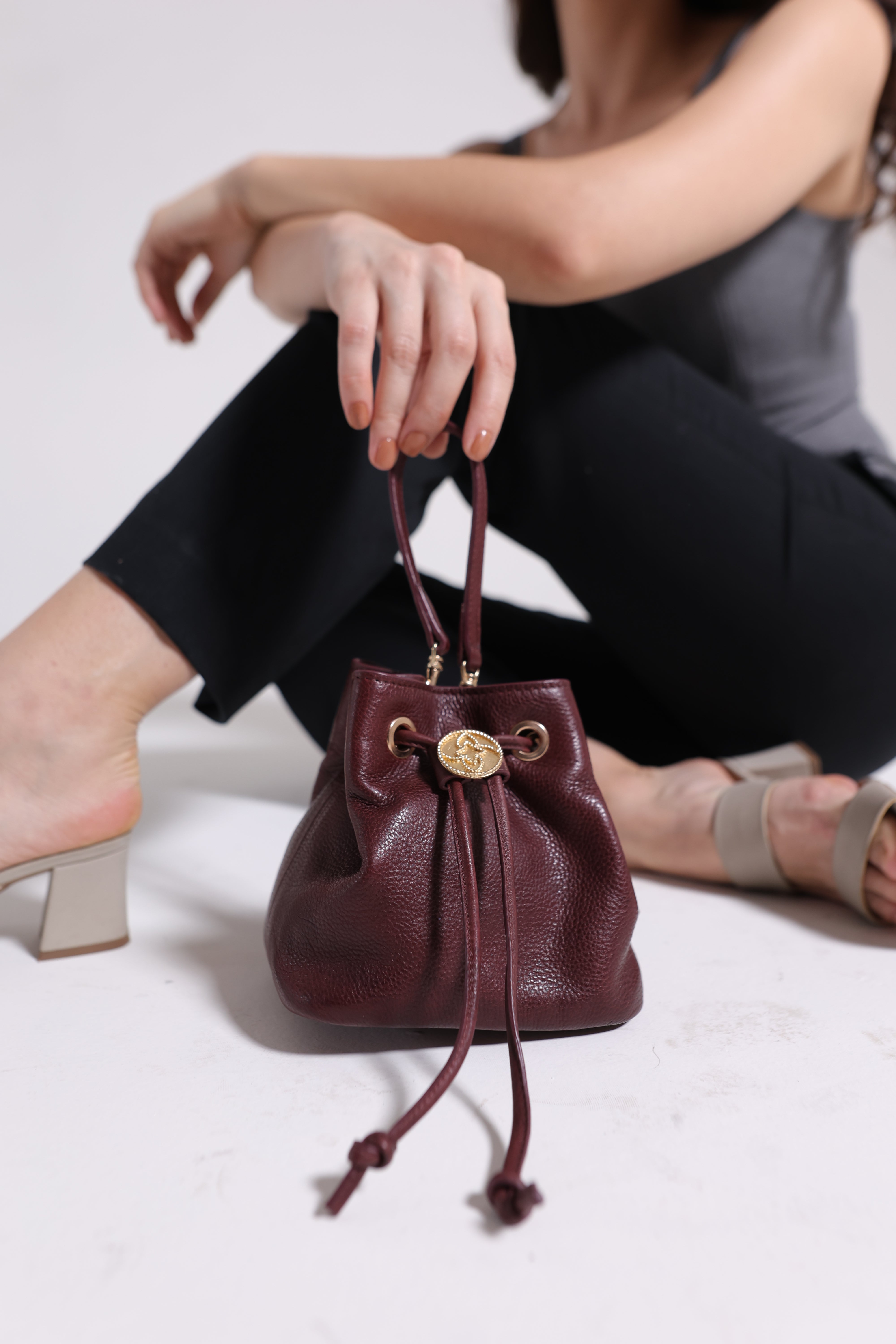 Shift Bucket Bag with Top Handle and Crossbody Strap - Rosewood Burgundy