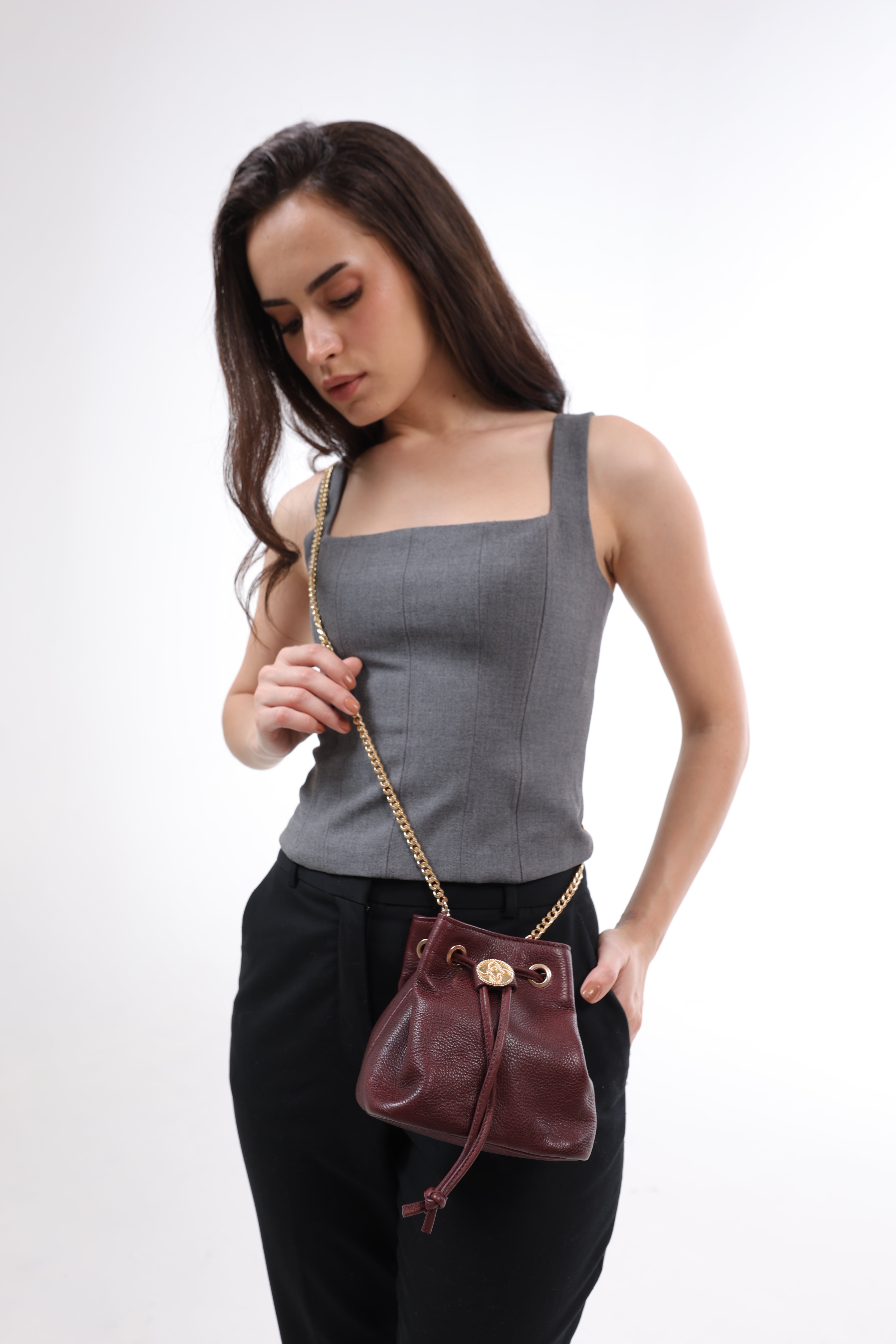 Shift Bucket Bag with Top Handle and Crossbody Strap - Rosewood Burgundy