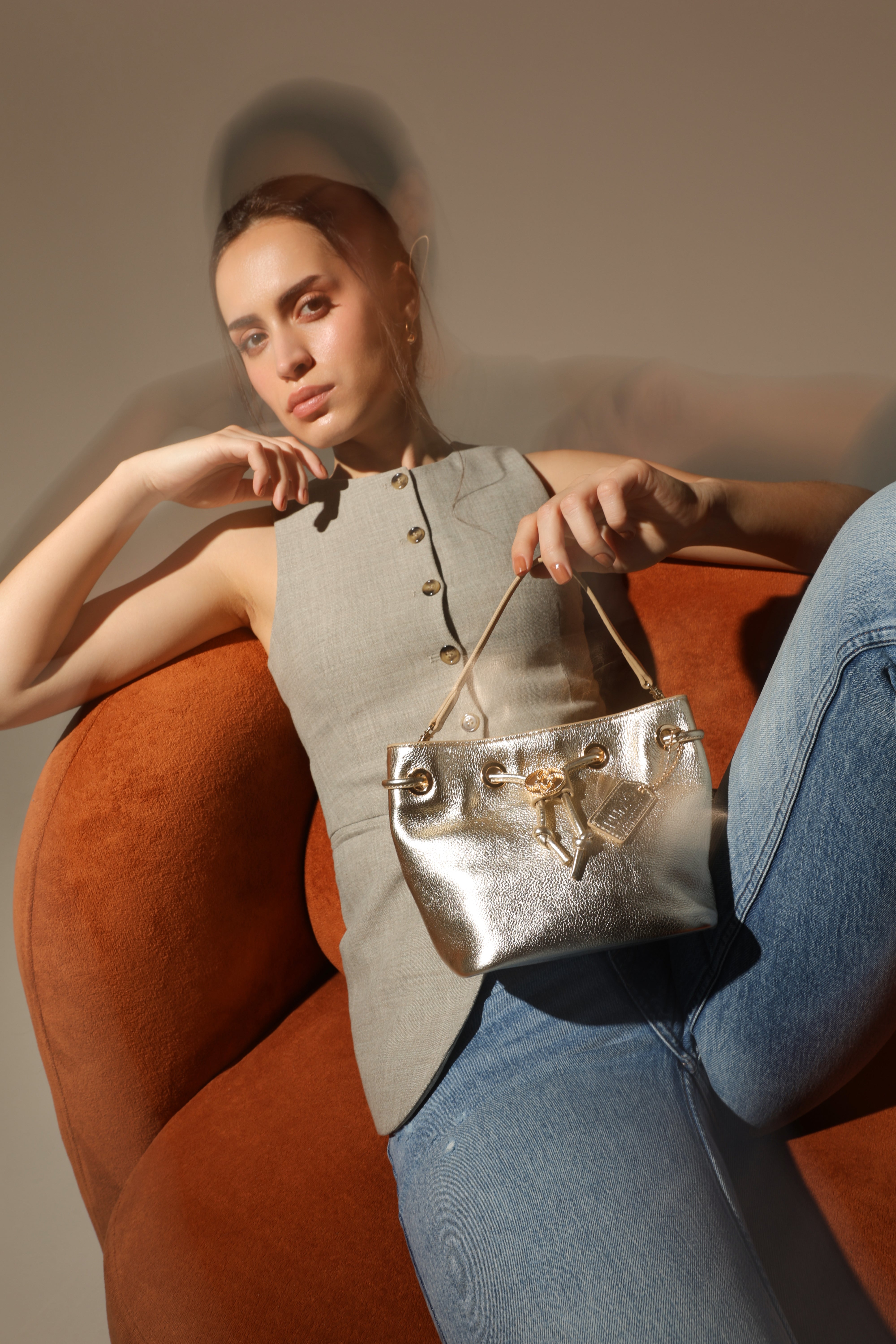 Shift Bucket Bag with Top Handle and Crossbody Strap - Starlit Gold