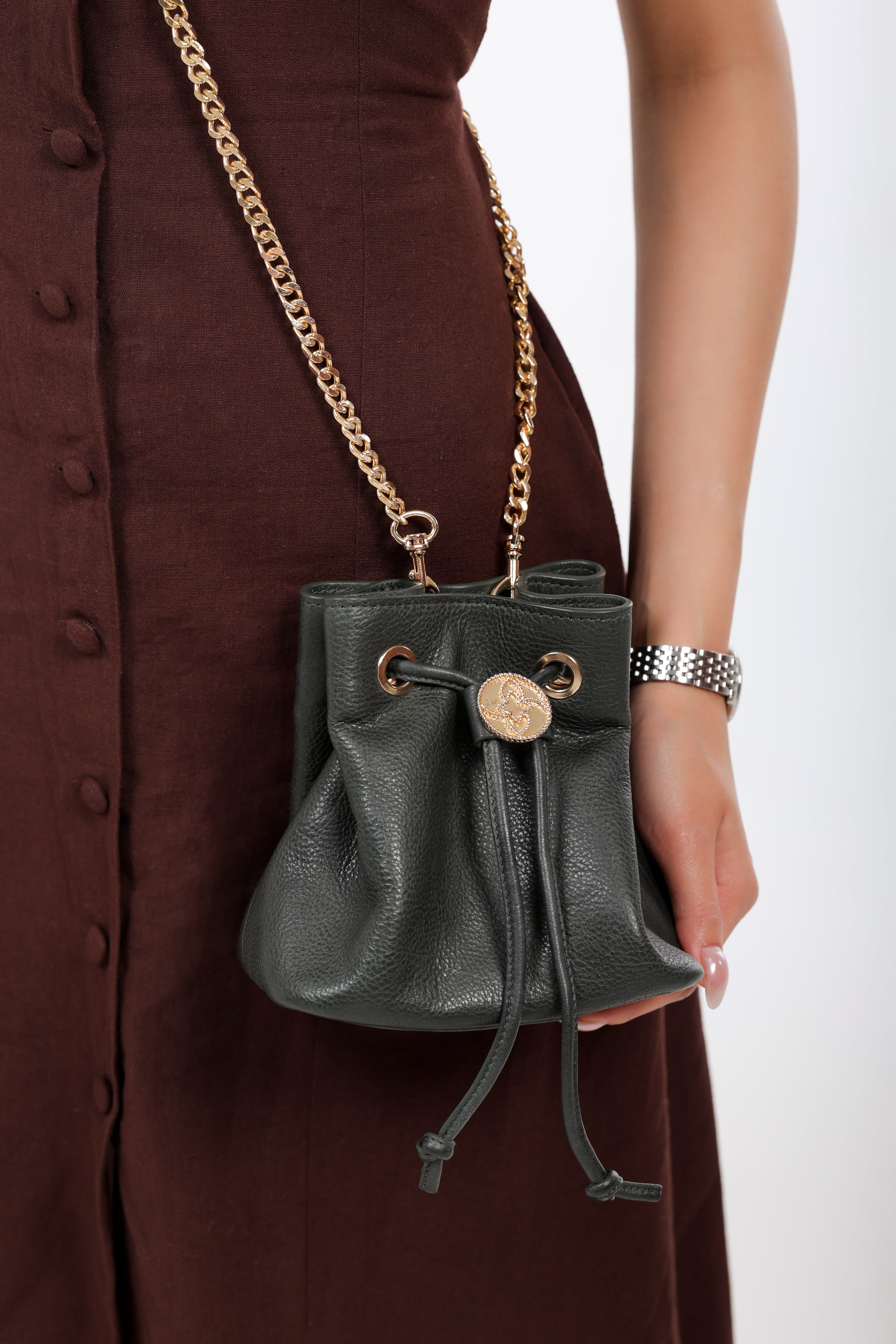 Shift Bucket Bag with Top Handle and Crossbody Strap - Forest Green