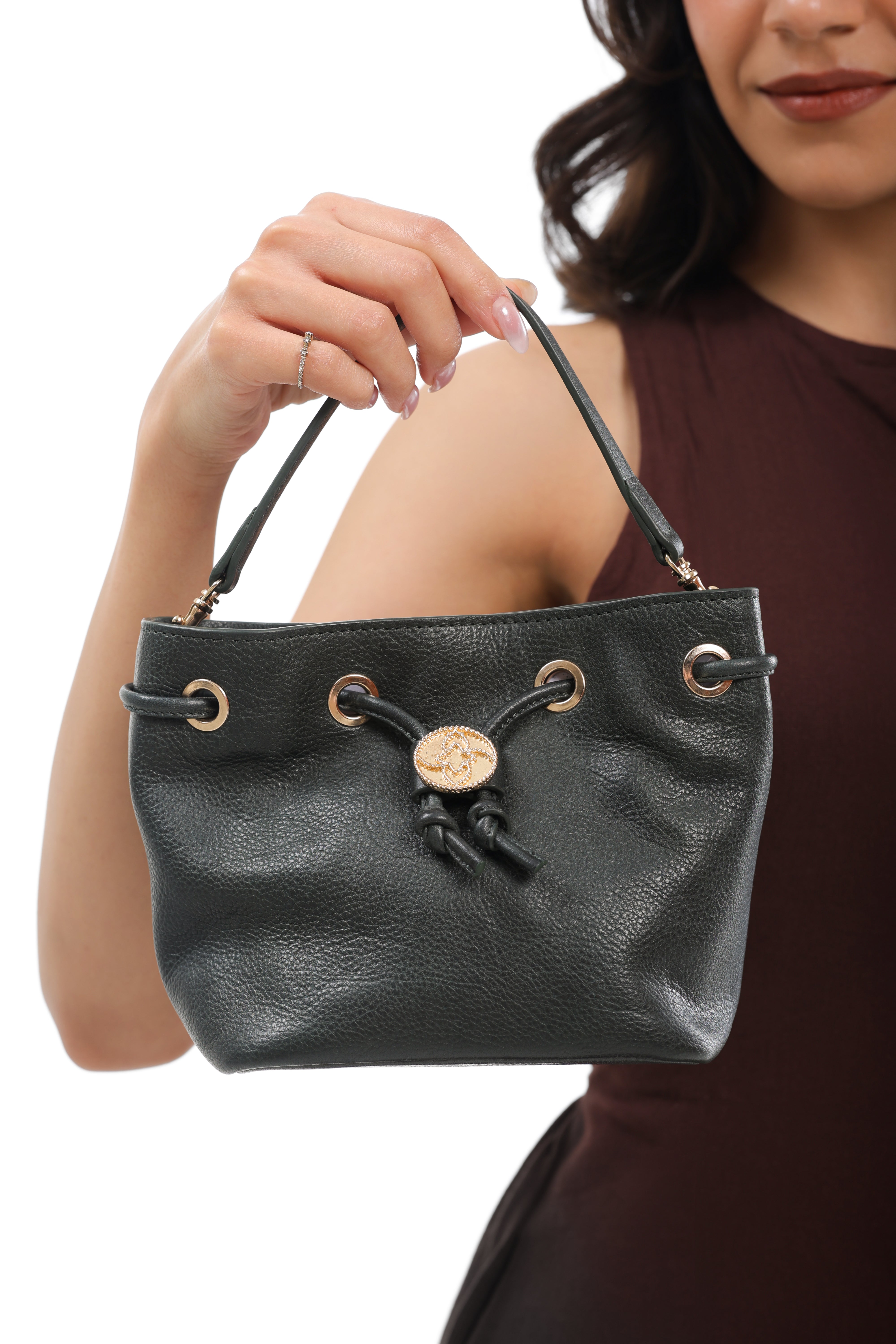 Shift Bucket Bag with Top Handle and Crossbody Strap - Forest Green