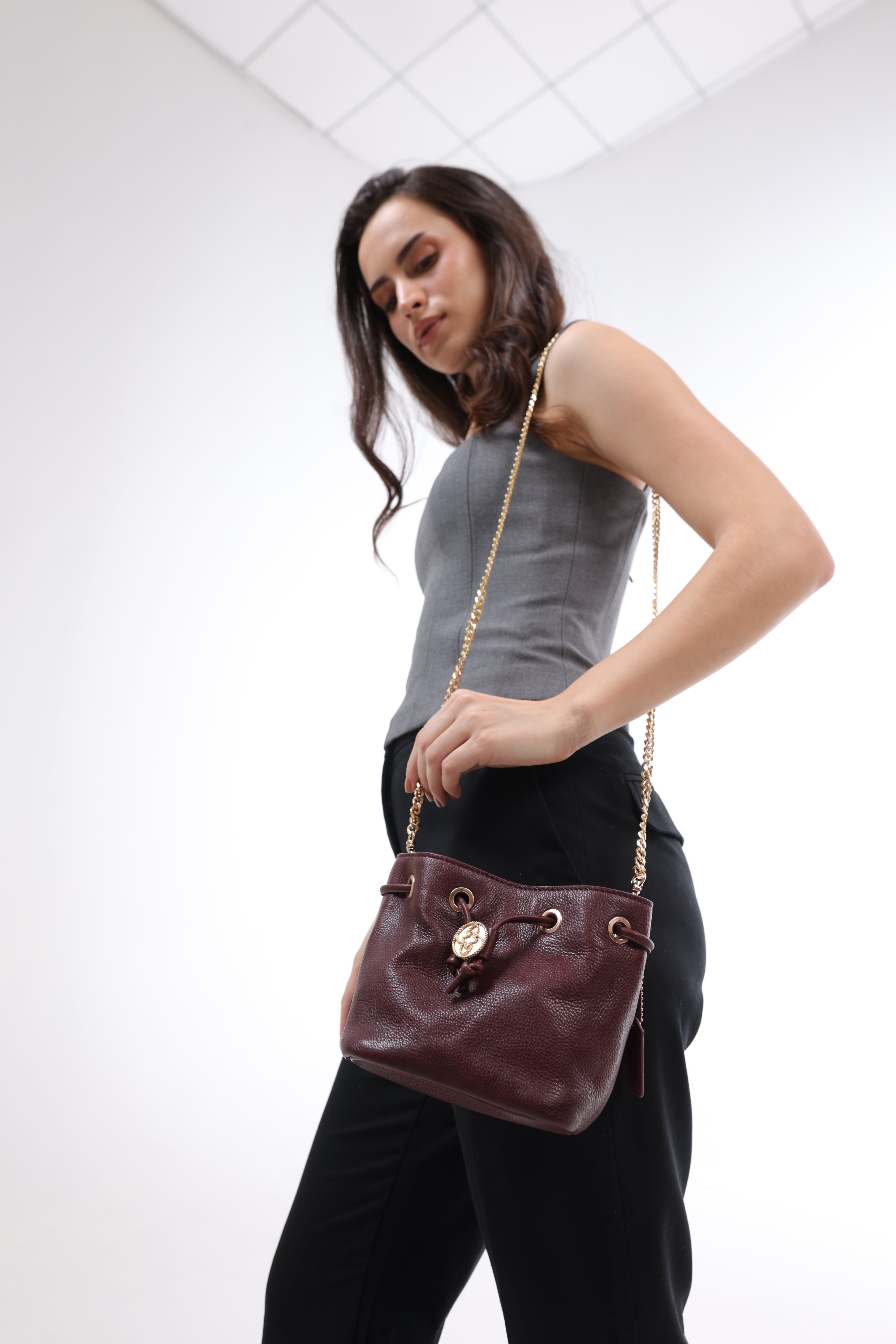 Shift Bucket Bag with Top Handle and Crossbody Strap - Rosewood Burgundy